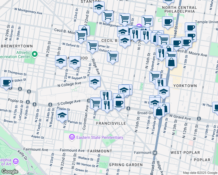 map of restaurants, bars, coffee shops, grocery stores, and more near 1839 Ingersoll Street in Philadelphia