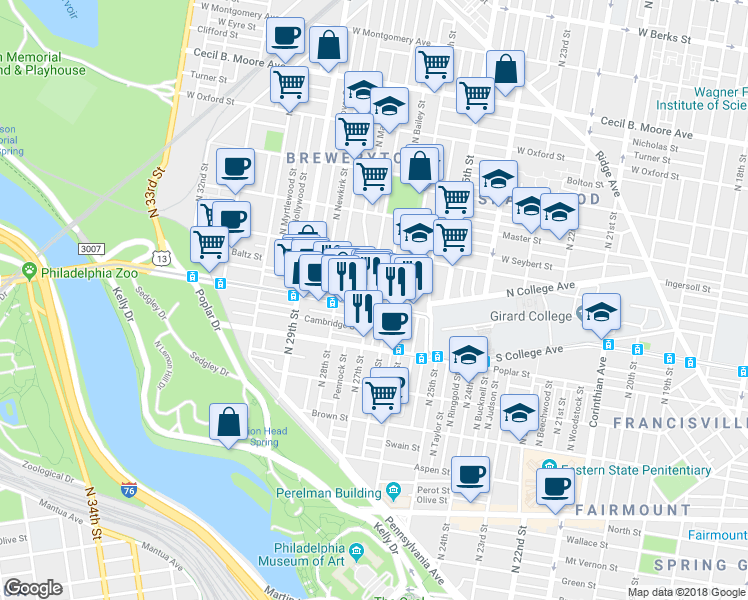 map of restaurants, bars, coffee shops, grocery stores, and more near 1237 North 27th Street in Philadelphia