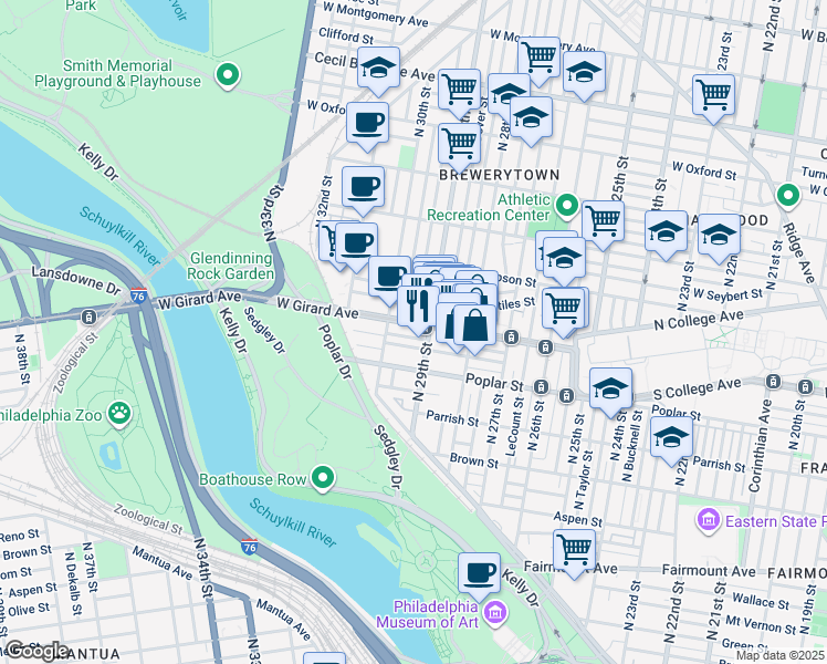 map of restaurants, bars, coffee shops, grocery stores, and more near 2949 West Girard Avenue in Philadelphia