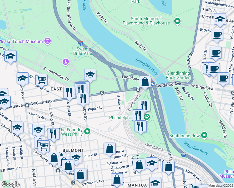 map of restaurants, bars, coffee shops, grocery stores, and more near 3801 West Girard Avenue in Philadelphia