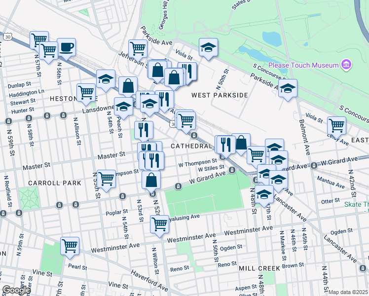 map of restaurants, bars, coffee shops, grocery stores, and more near 1409 Lancaster Avenue in Philadelphia