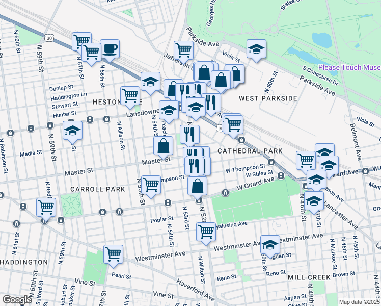 map of restaurants, bars, coffee shops, grocery stores, and more near 1413 North 52nd Street in Philadelphia