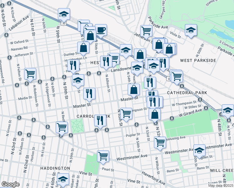 map of restaurants, bars, coffee shops, grocery stores, and more near 1455 North 55th Street in Philadelphia
