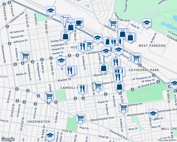map of restaurants, bars, coffee shops, grocery stores, and more near 1449 North Vodges Street in Philadelphia
