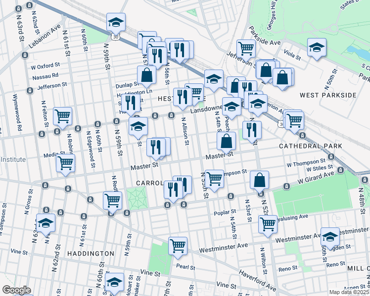 map of restaurants, bars, coffee shops, grocery stores, and more near 1434 North Allison Street in Philadelphia