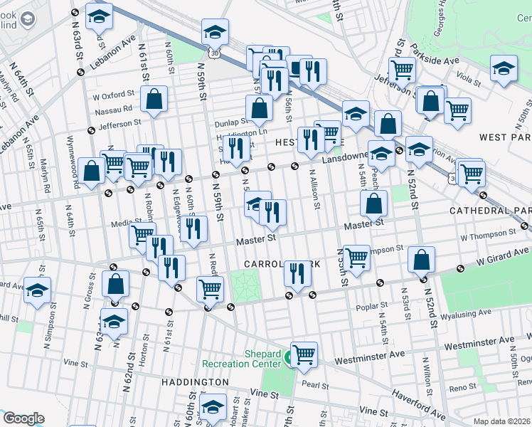 map of restaurants, bars, coffee shops, grocery stores, and more near 1500 North 57th Street in Philadelphia