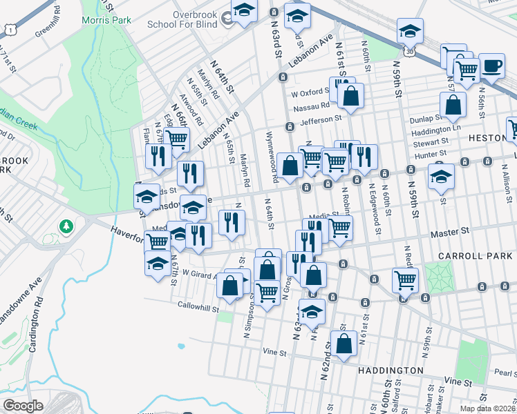 map of restaurants, bars, coffee shops, grocery stores, and more near in Philadelphia