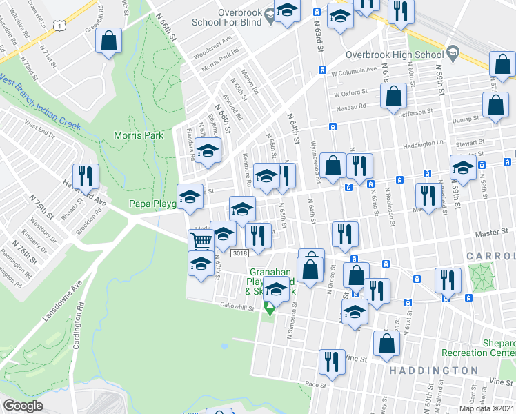 map of restaurants, bars, coffee shops, grocery stores, and more near 6523 Lansdowne Avenue in Philadelphia