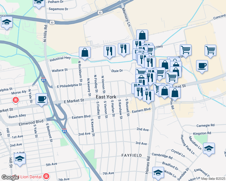 map of restaurants, bars, coffee shops, grocery stores, and more near 15 North Harlan Street in East York