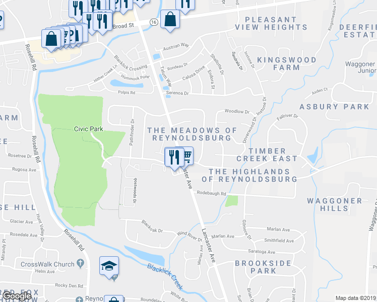 map of restaurants, bars, coffee shops, grocery stores, and more near 7159 Lauretta Court in Reynoldsburg