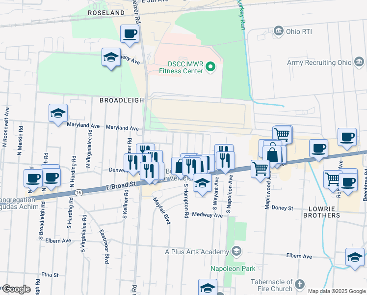 map of restaurants, bars, coffee shops, grocery stores, and more near 115 North Hampton Road in Columbus