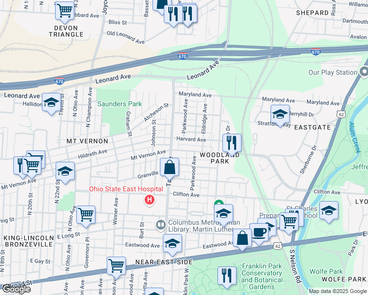 map of restaurants, bars, coffee shops, grocery stores, and more near 1577 Harvard Avenue in Columbus
