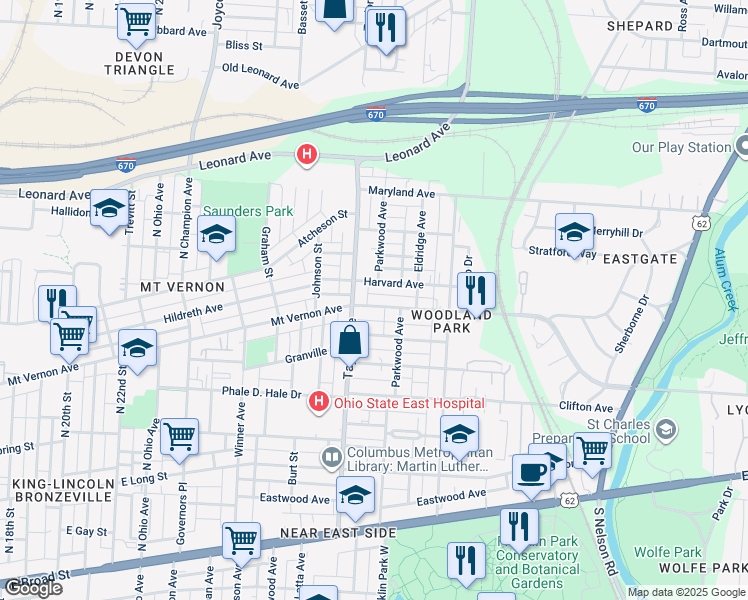 map of restaurants, bars, coffee shops, grocery stores, and more near 1577 Harvard Avenue in Columbus