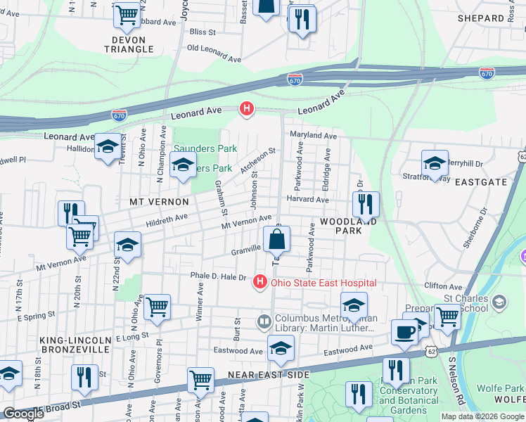 map of restaurants, bars, coffee shops, grocery stores, and more near 1515 Harvard Avenue in Columbus