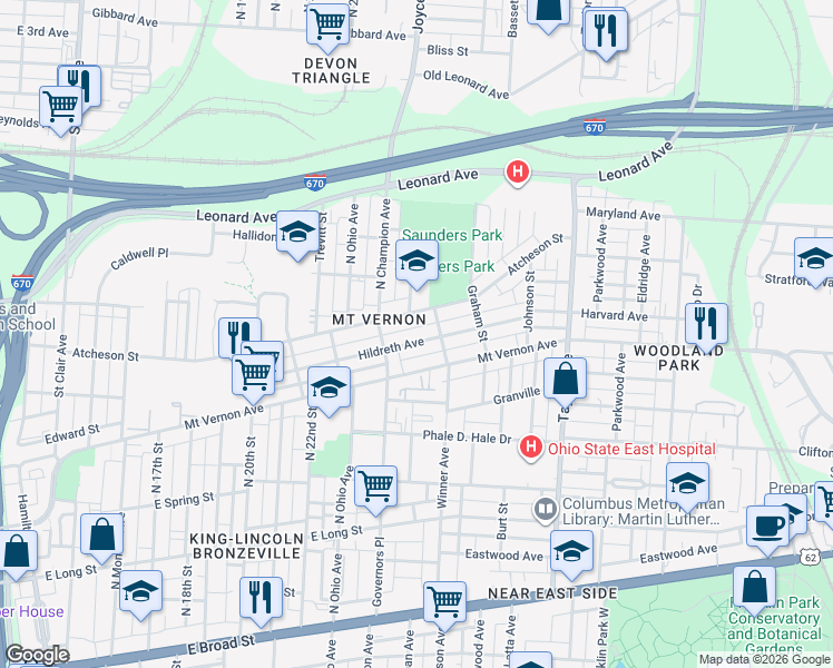 map of restaurants, bars, coffee shops, grocery stores, and more near 1345 Atcheson Street in Columbus