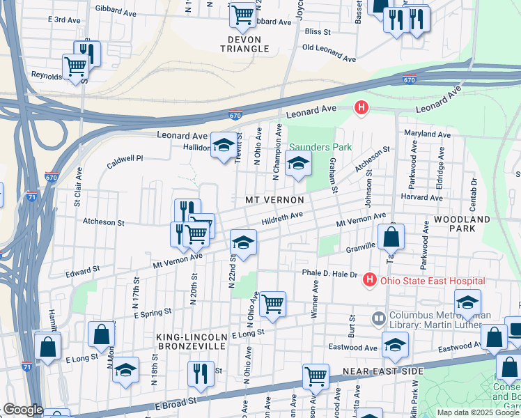 map of restaurants, bars, coffee shops, grocery stores, and more near 1240 Atcheson Street in Columbus
