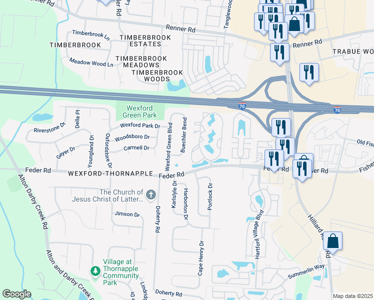 map of restaurants, bars, coffee shops, grocery stores, and more near 5924 Buechler Bend in Columbus