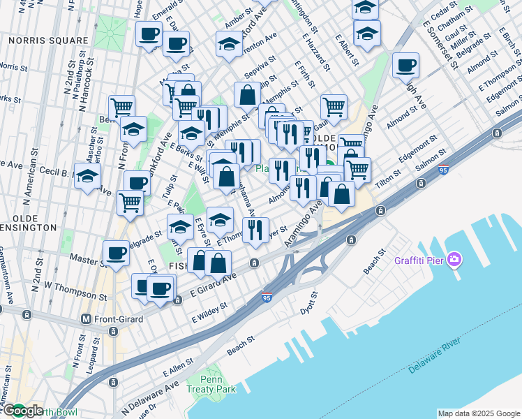 map of restaurants, bars, coffee shops, grocery stores, and more near 812 Almond Street in Philadelphia