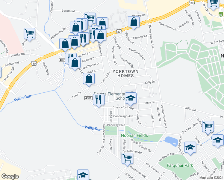 map of restaurants, bars, coffee shops, grocery stores, and more near 824 Gunnison Road in York
