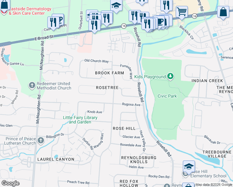 map of restaurants, bars, coffee shops, grocery stores, and more near 5576 Olivetree Court in Reynoldsburg