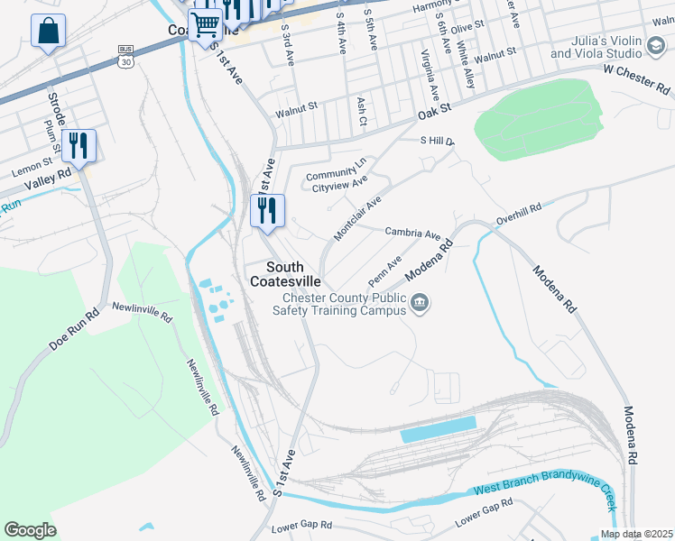 map of restaurants, bars, coffee shops, grocery stores, and more near 22 Remington Avenue in Coatesville