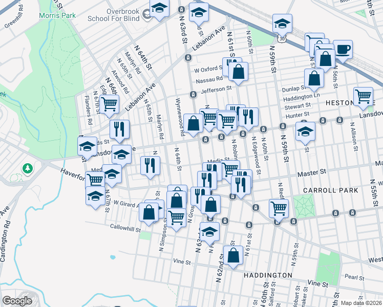map of restaurants, bars, coffee shops, grocery stores, and more near in Philadelphia