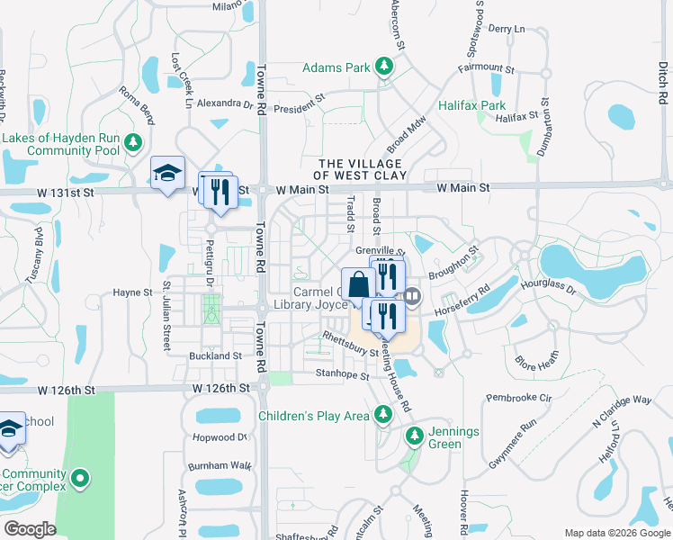 map of restaurants, bars, coffee shops, grocery stores, and more near 12920 Tradd Street in Carmel