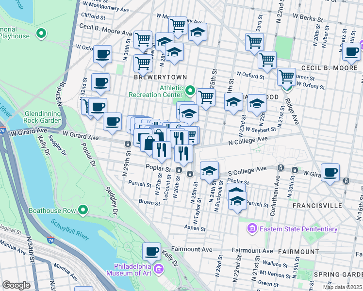 map of restaurants, bars, coffee shops, grocery stores, and more near 1224 North 26th Street in Philadelphia