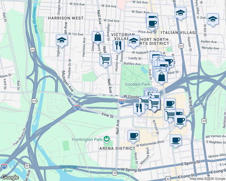 map of restaurants, bars, coffee shops, grocery stores, and more near 634 Neil Avenue in Columbus