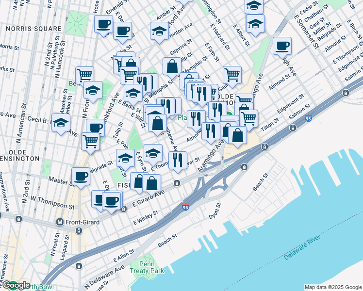 map of restaurants, bars, coffee shops, grocery stores, and more near 812 Almond Street in Philadelphia