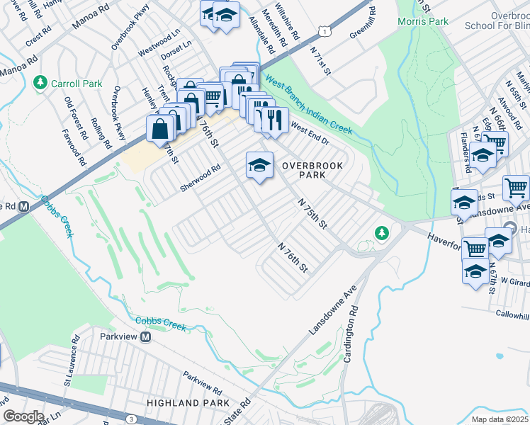 map of restaurants, bars, coffee shops, grocery stores, and more near 7544 Woodbine Avenue in Philadelphia