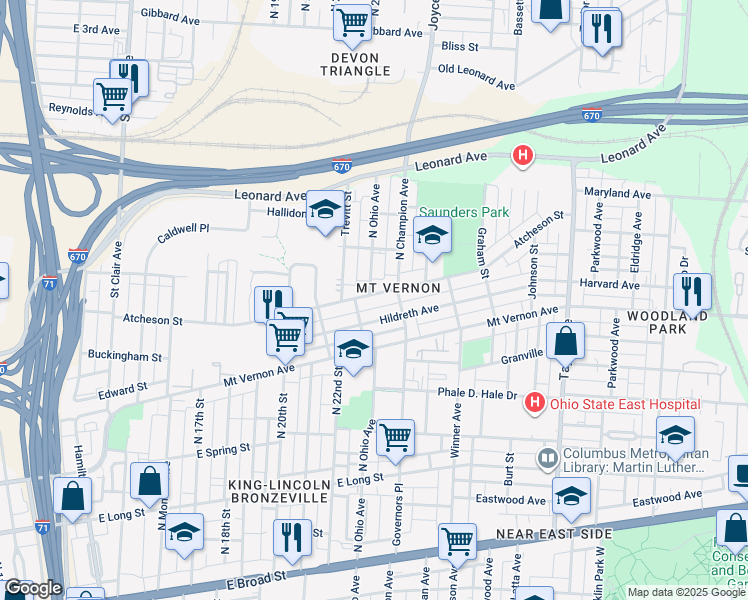 map of restaurants, bars, coffee shops, grocery stores, and more near 1240 Atcheson Street in Columbus