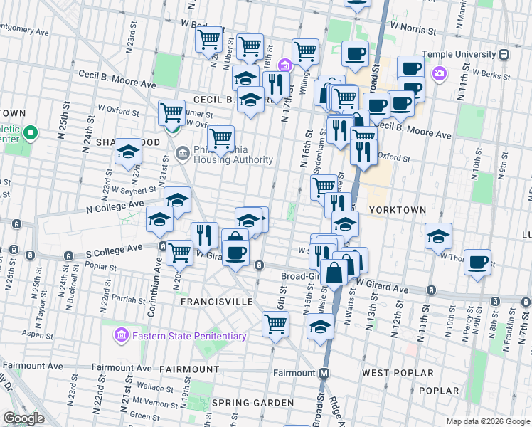 map of restaurants, bars, coffee shops, grocery stores, and more near 1320 North 17th Street in Philadelphia