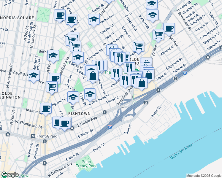 map of restaurants, bars, coffee shops, grocery stores, and more near 833 Mercer Street in Philadelphia