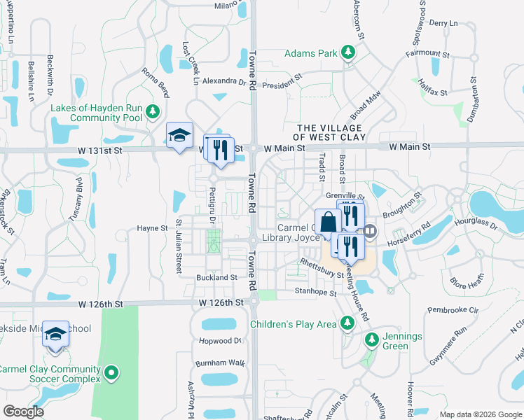 map of restaurants, bars, coffee shops, grocery stores, and more near 12949 Horlbeck Street in Carmel