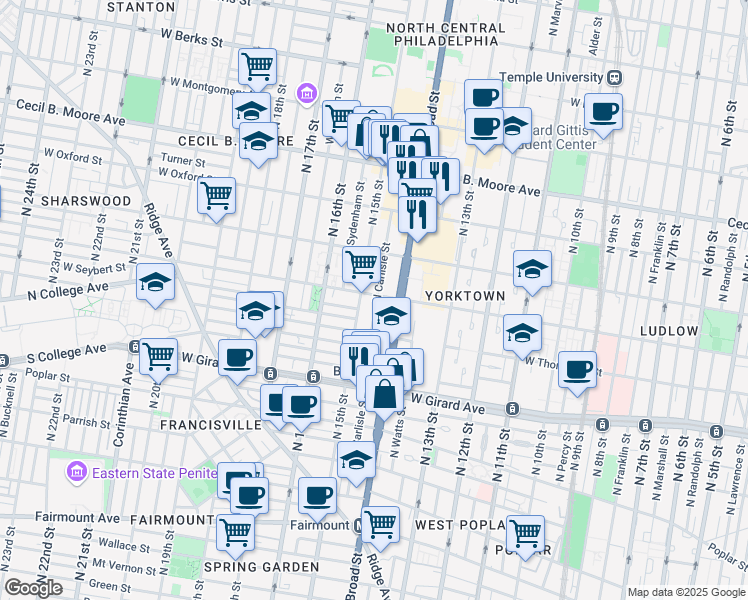 map of restaurants, bars, coffee shops, grocery stores, and more near 1418 Master Street in Philadelphia