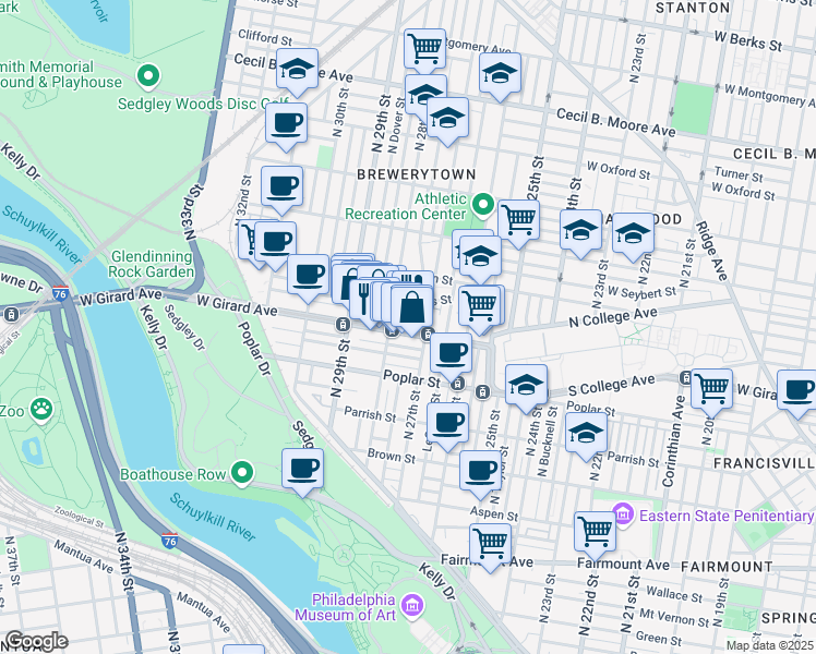 map of restaurants, bars, coffee shops, grocery stores, and more near 2808 West Girard Avenue in Philadelphia