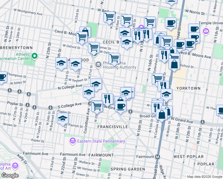 map of restaurants, bars, coffee shops, grocery stores, and more near 1839 Ingersoll Street in Philadelphia