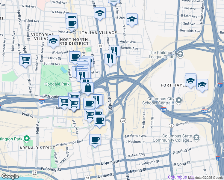 map of restaurants, bars, coffee shops, grocery stores, and more near 134 East Goodale Street in Columbus