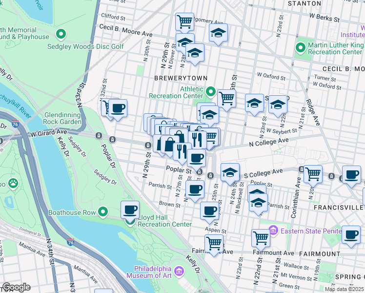 map of restaurants, bars, coffee shops, grocery stores, and more near 2701 West Girard Avenue in Philadelphia