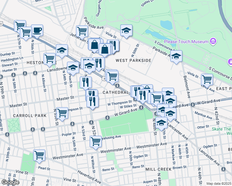 map of restaurants, bars, coffee shops, grocery stores, and more near 4988 Master Street in Philadelphia