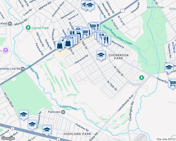 map of restaurants, bars, coffee shops, grocery stores, and more near 1622 Farrington Road in Philadelphia