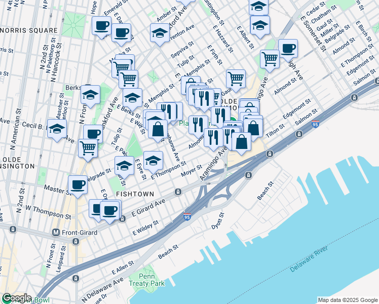 map of restaurants, bars, coffee shops, grocery stores, and more near 833 Mercer Street in Philadelphia