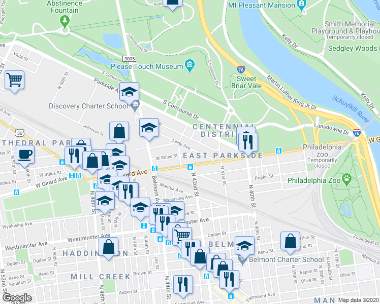 map of restaurants, bars, coffee shops, grocery stores, and more near 4152 Leidy Avenue in Philadelphia