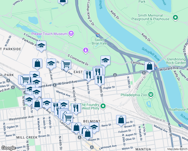 map of restaurants, bars, coffee shops, grocery stores, and more near 4044 Parkside Avenue in Philadelphia