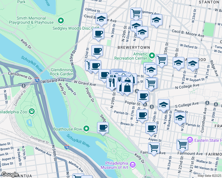 map of restaurants, bars, coffee shops, grocery stores, and more near 2936 West Flora Street in Philadelphia