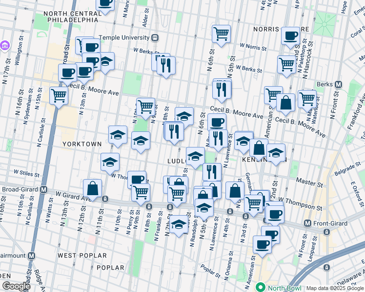 map of restaurants, bars, coffee shops, grocery stores, and more near 1517 North 7th Street in Philadelphia