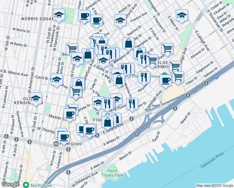 map of restaurants, bars, coffee shops, grocery stores, and more near 626 Belgrade Street in Philadelphia