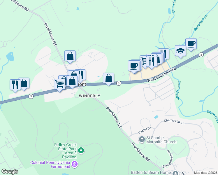 map of restaurants, bars, coffee shops, grocery stores, and more near 4921 West Chester Pike in Newtown Square