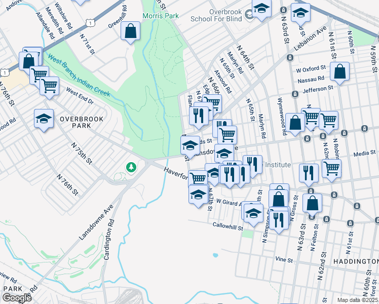 map of restaurants, bars, coffee shops, grocery stores, and more near 6725 Lansdowne Avenue in Philadelphia